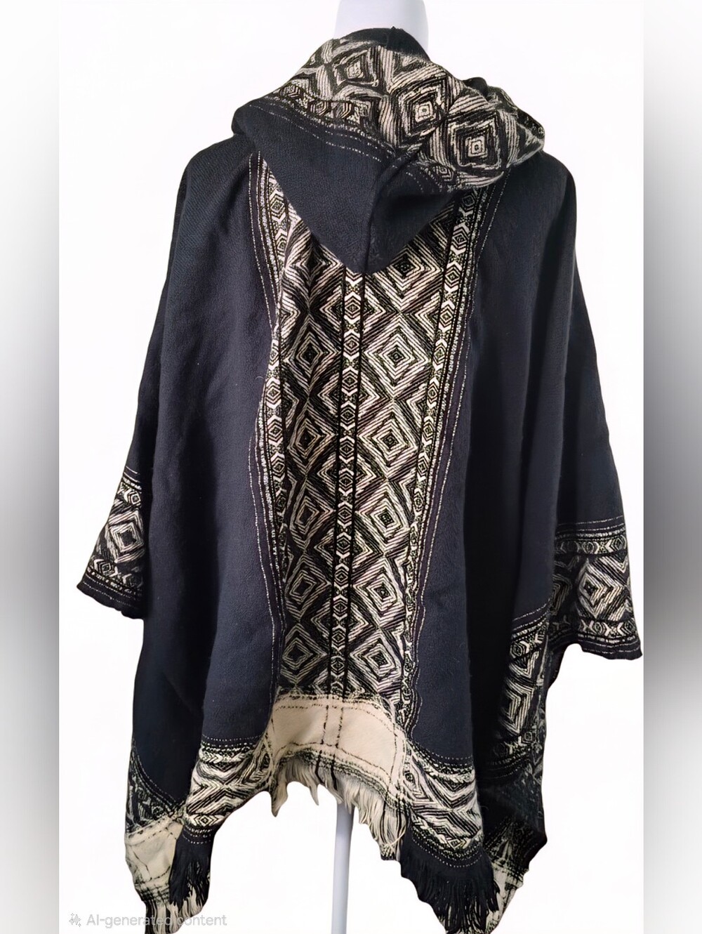 Steve Madden Black and Cream Hooded Geometric Poncho Cape